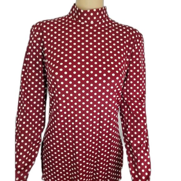 60s Vintage Go Go Burgundy White Polka Dot Long Sleeve Collar Tunic Zipper Slits - Picture 2 of 8